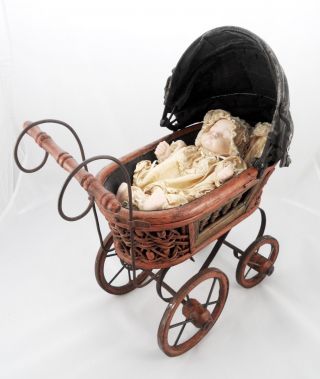 Vintage Repro German Baby Doll Stroller Carriage Buggy Wicker Wooden Toy W/ Doll photo