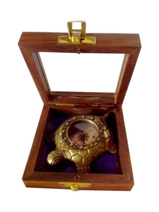 Tortoise Shape Nautical Brass Metal Compass With Hardwood Case photo