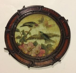 Old Antique Stained Glass W/ Birds Flowers Window Portal Round Metal Butterfly photo