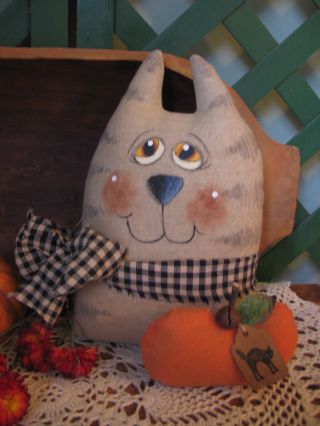 Primitive Halloween Raggedy Fall Cat Doll Shelf Sitter W Pumpkin photo