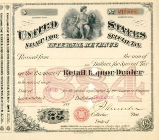 1884 $25 Sandusky Oh History Tax License Stamp Document photo