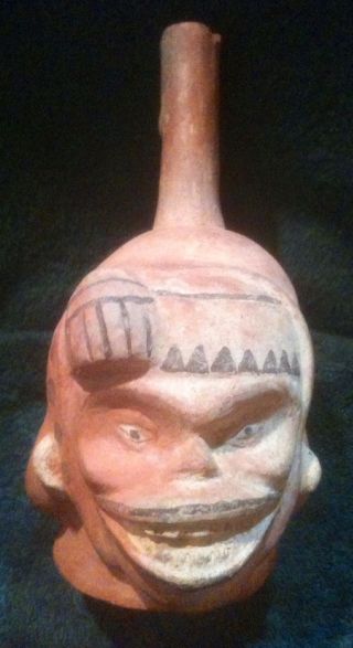 Inca Treasures Pre Columbian Pottery Moche Skull Bottle Artifact Vessel Art Coa photo
