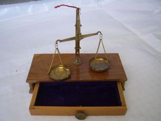 Lovely Small Vintage Style Brass Travelling Scales In Wooden Box Max 20g photo