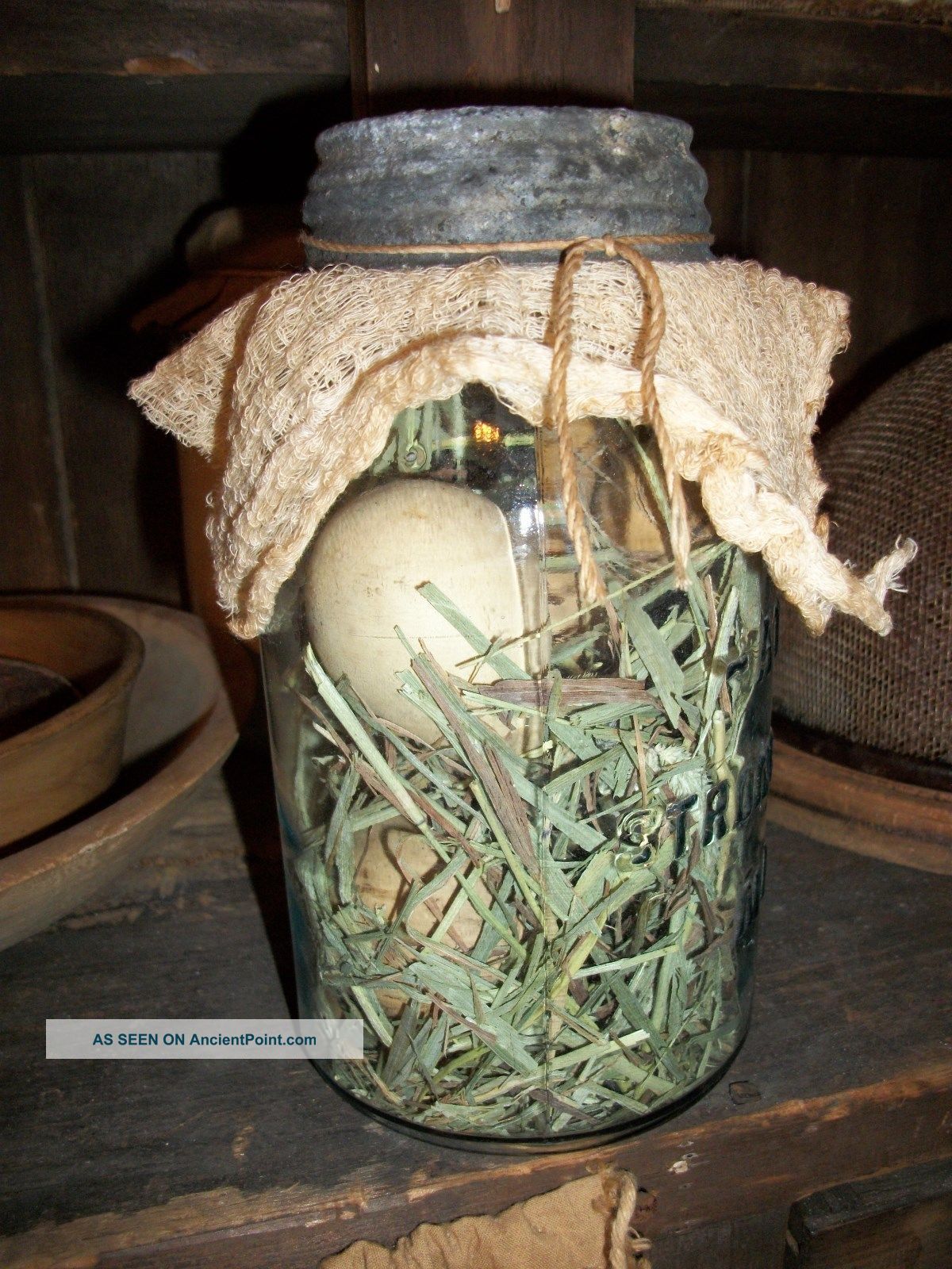Prim Antique Blue Mason Jar Filled With Straw And Gourd Eggs Primitives photo