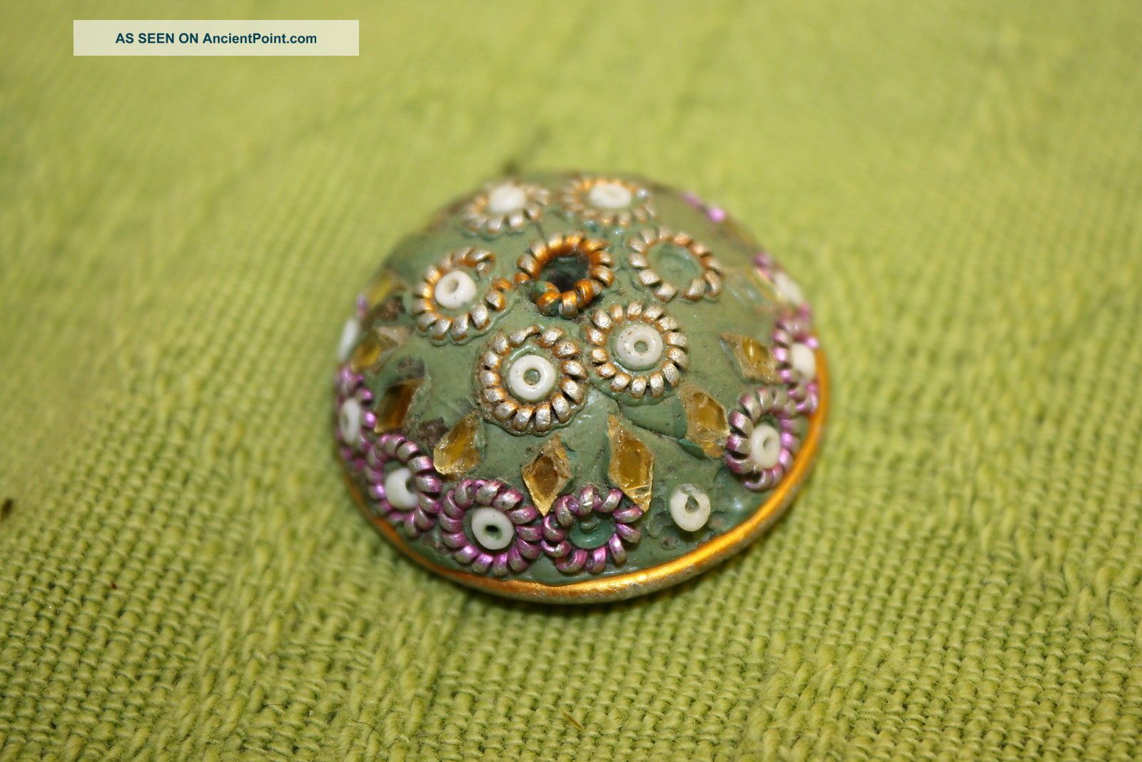 1 - 1/8 X 5/8 Handmade Glass,  Copper Faceted Beaded Button - Primitive Folk Art Primitives photo