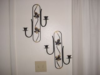 1950 ' S Vintage Wrought Iron Black And Gold Wall Sconces Candle Holders photo