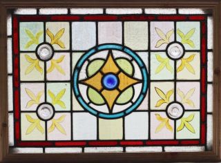 Antique Stained Glass Window Eight Color Ruby Borderd Hand Blown Rondelles photo