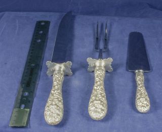 Repousse Stieff Sterling Rose Carving Cake Knife & Fork Set 3 Marked photo