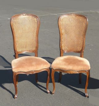 Pair Vintage French Provincial Tan Suede Leather Cane Accent Chairs Diningroom photo
