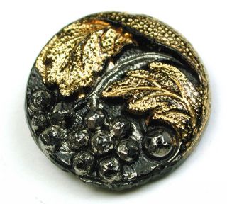 Antique Black Glass Button Grapes & Leavesdesign Dual Gold & Silver Luster 11/16 photo