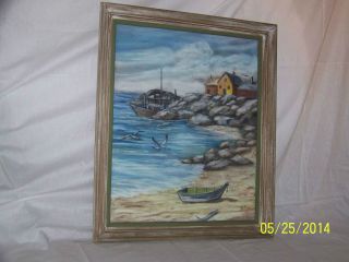 Wpa Oil On Panel Fishing Town Painting Glass Front Framed photo