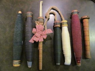 Vintage Of 7 Spools Bobbins Textile Weaving Sewing Candleholder Wooden photo