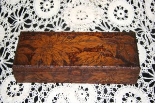 Vintage Antique Tramp Art Wooden Pyrography Sunflower Leaves Long Jewelry Box photo