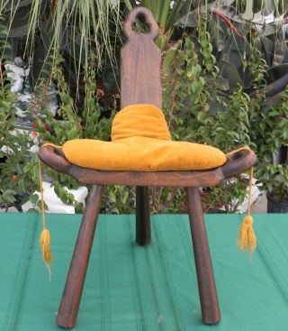 Primitive Birthing Chair Handcrafted Three Legged Walnut Wood Wooden Carved photo