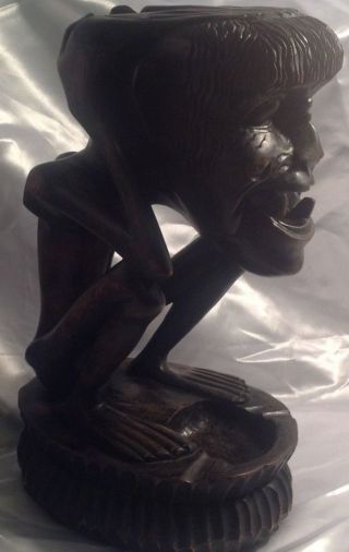 Wood Hand Carved Weird African Sculpture Art 2 Teeth Hands Head Squatting 12.  75 