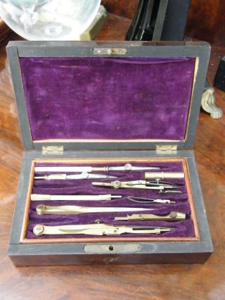 Antique - Good Quality 14 Piece Brass & Steel Geometry Set In Rosewood Box - C1900 photo