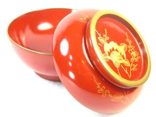 Japanese Antique 160 Yr Old Etched Gold Makie Flower Red Lacquer Lidded Bowl photo