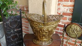 Antique French Victorian Brass Fireplace Coal Hod Scuttle Repousse Angel Cherub photo