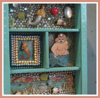 Primitive Folk Art Handmade Mermaid Shadowbox Mixed Media Art photo