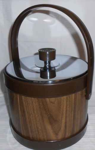 Retro Woodgrain Look & Chrome Ice Bucket With Lid & Handle By Atapco photo