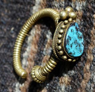 Tibet,  Male Tibetan Earring,  Bronze,  Real Old Turquoise photo