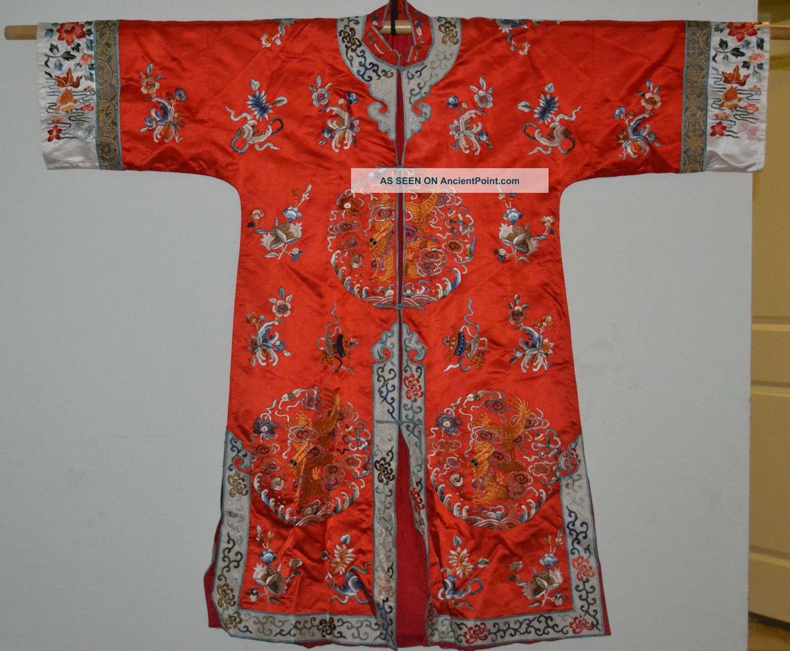Fine Quality Antique Old Chinese Hand Made Red Silk Embroidered Textile Robe Robes & Textiles photo