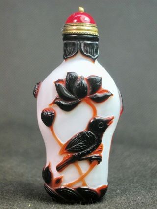 Chinese Water Lily Bird Carved Peking Overlay Glass Snuff Bottle photo