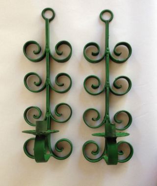 2 Vtg Iron Candlestick Candle Holders Green Retro Chic Atomic Ranch Wall Sconces photo