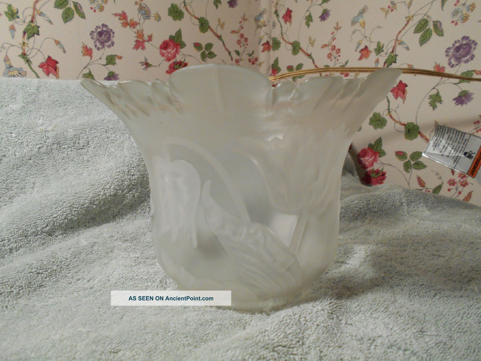 Victorian Etched Parrot Tulip Art Glass Shade Gasolier Globe Ruffle Edge Chandeliers, Fixtures, Sconces photo