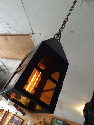Vintage Lantern Swag Lamp Hanging Light Art Decor Antique Amber Glass photo