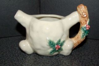 Antique Arts & Crafts Ceramic Creamer With Wood Handle And Hollys Plants photo