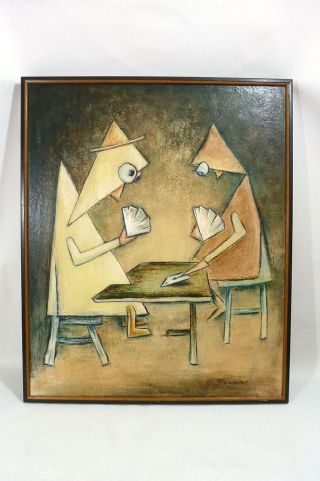 Vtg Mid Century Ernest Beagley Cubist Oil Painting On Board The Card Players photo