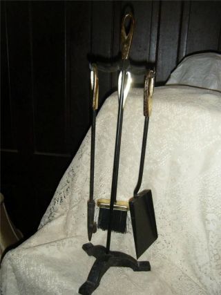 4 Vintage Wrought Iron Brass Handled Rustic Hearthside Fireplace Tool Set Stand photo