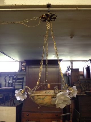 Vintage Antique Art Deco Chandelier W/ Faux Marble & Frosted Glass Floral Shades photo