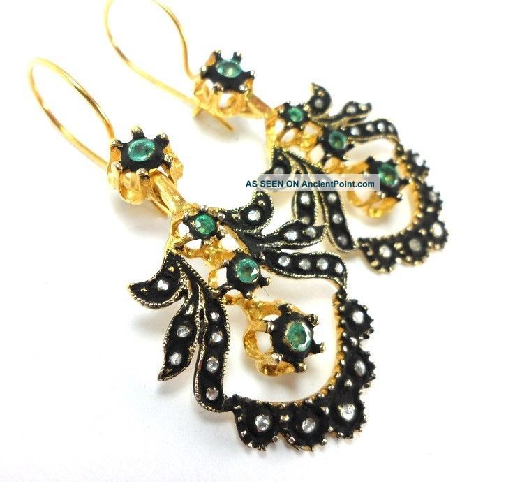 Rose Cut Diamond And Emerald Gold Plated Vintage Look Turkish Jewelry Earrings Islamic photo