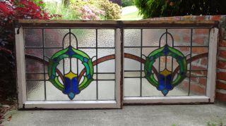 Pair Set Of 2 Antique English Leaded Stained Glass Window 7 Color 27 X 23 Large photo