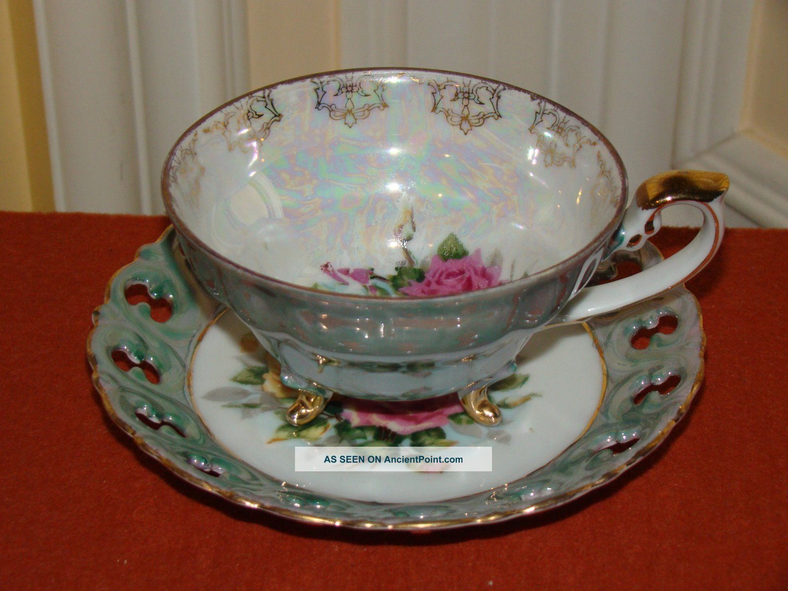 Vintage Collectible Porcelain Green Tone Gold Trim Cup&saucer Roses Motif Japan Cups & Saucers photo