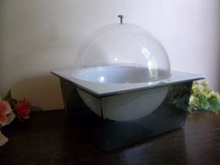 Vtg Mid Century Modern Lucite Cube Salad Bowl W/ Ice Pan & Dome Lid.  Black,  White photo