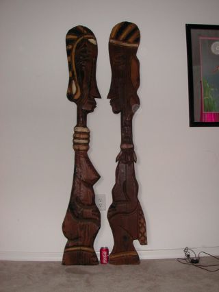 2 Vtg Witco Label Carved Native Figures Wall Wood Carving Sculpture Tiki Bar photo
