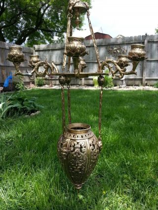 Rare Antique Solid Brass Chandelier Sanctuary Candle Holder With Angel photo