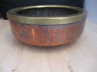 Antique Vintage Primitive Hand Hammered Copper Pot Planter Bowl W/ Brass Rim photo