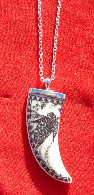 Scrimshaw Turtle,  Tusk Shape Carved Bone,  925 Sterling Silver,  Pendant/necklace photo