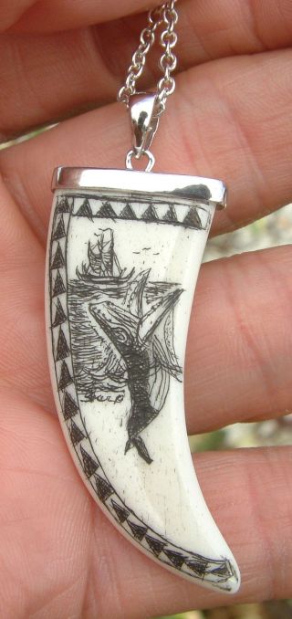 Nautical Scrimshaw Tusk Shape Carved Bone,  925 Sterling Silver,  Pendant/necklace photo