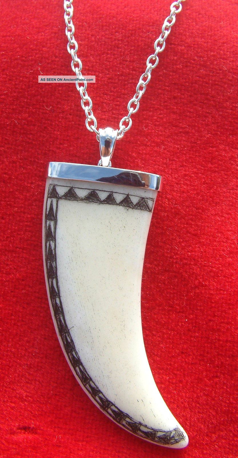 Scrimshaw Ethnic Art,  Tusk Shape Bovine Bone,  Sterling Silver,  Pendant/necklace Scrimshaws photo