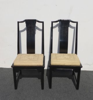 Century Furniture Co.  Pair Two Oriental Asian Black Side Chairs Tan Cushions photo