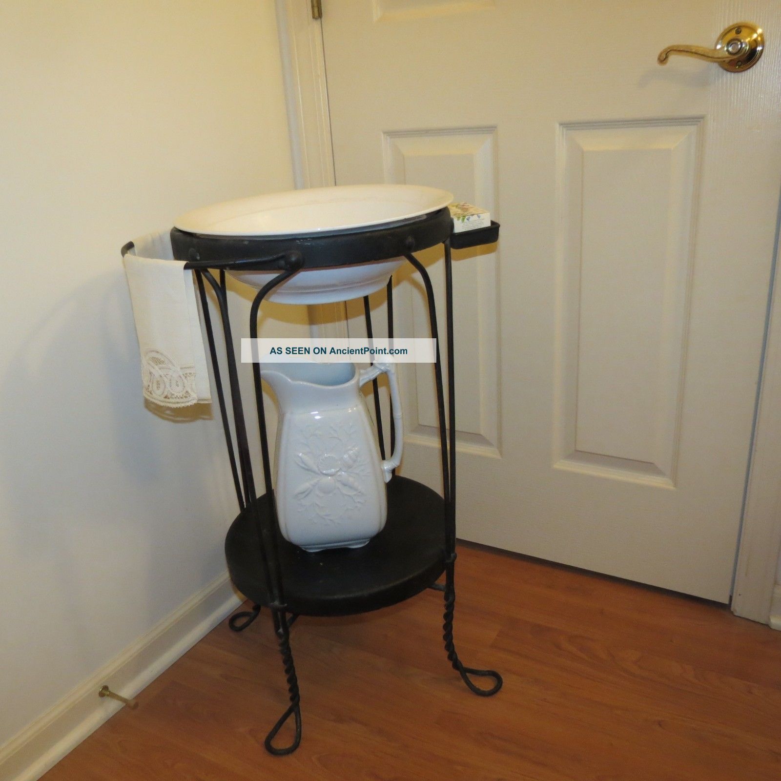 Rare Antique Wrought Iron Metal Wash Stand W/ Porcelain Bowl & Pitcher Complete Unknown photo