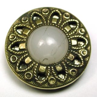 Antique Glass In Metal Flower Design Button Glass Dome Center & Brass Border photo