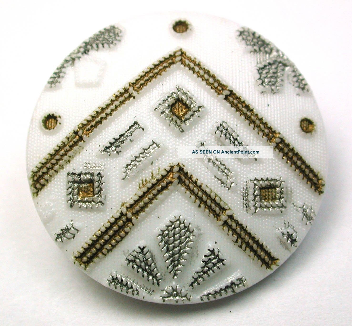 Antique Victorian Glass Button Embroidery Floral W/ Silver & Gold Luster 7/8 