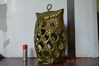 Antique Brass Metalware Owl Figure Art Pendent Lamp（vintage And Beautiful） photo