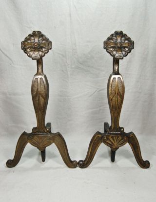 Mission Gothic Spanish Revival Cast Iron Fireplace Andirons Flower Cross C.  1900s photo
